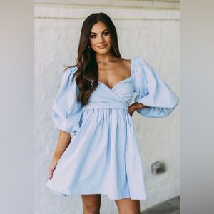 NWT Fore Blue Poplin Puff Sleeve V-Neck Dress Size L